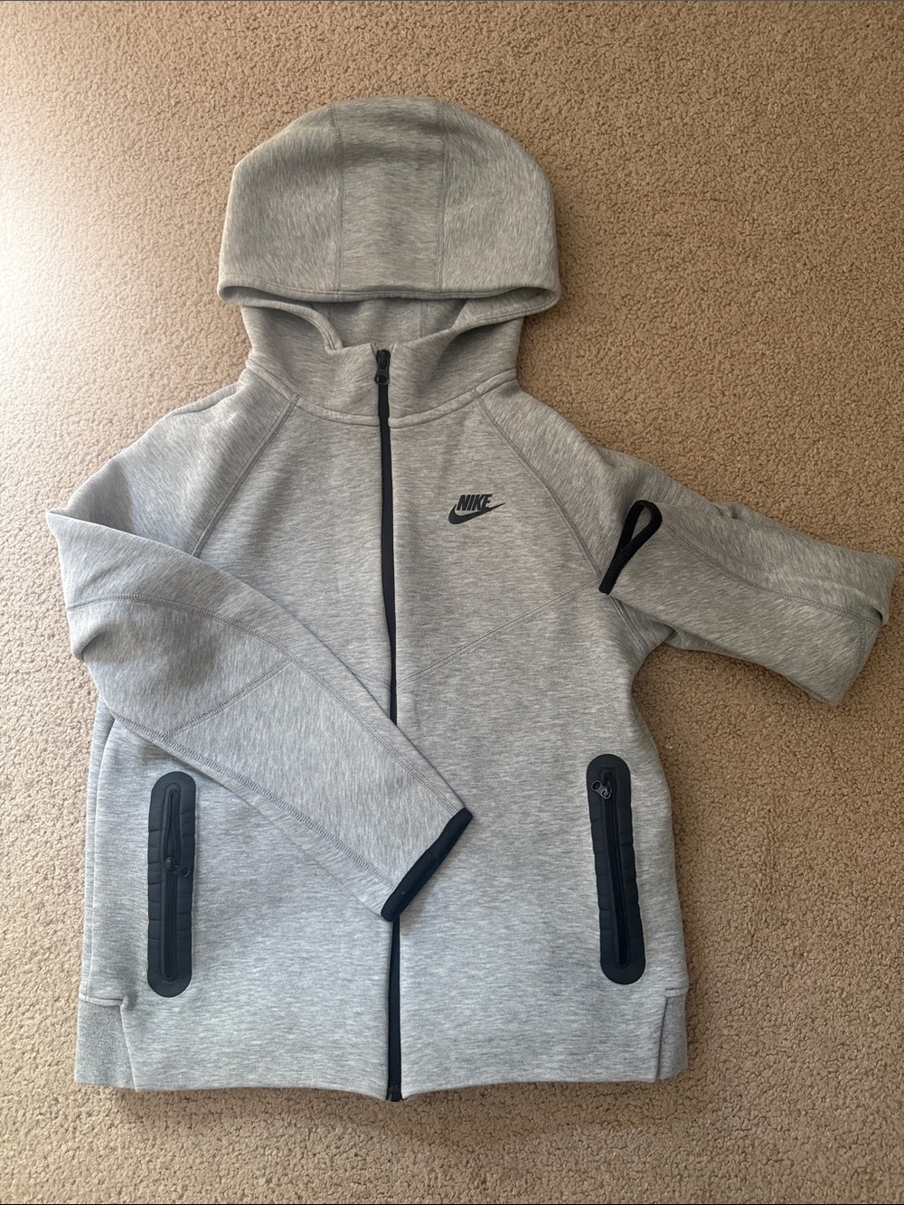 Nike Tech Kids Grey Hooded Zip Jacket with Black Accents